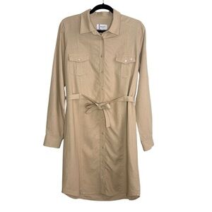 Ponant France Linen Blend Tan Long Sleeve Button Down Dress With Belt Size Small